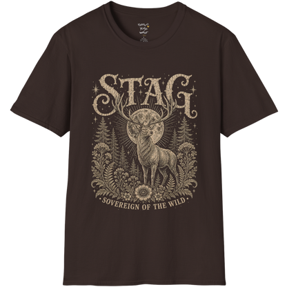 Ramro Yoga Wear Stag tee in Dark Chocolate — sovereign stag moon forest vintage engraving, flat lay product shot