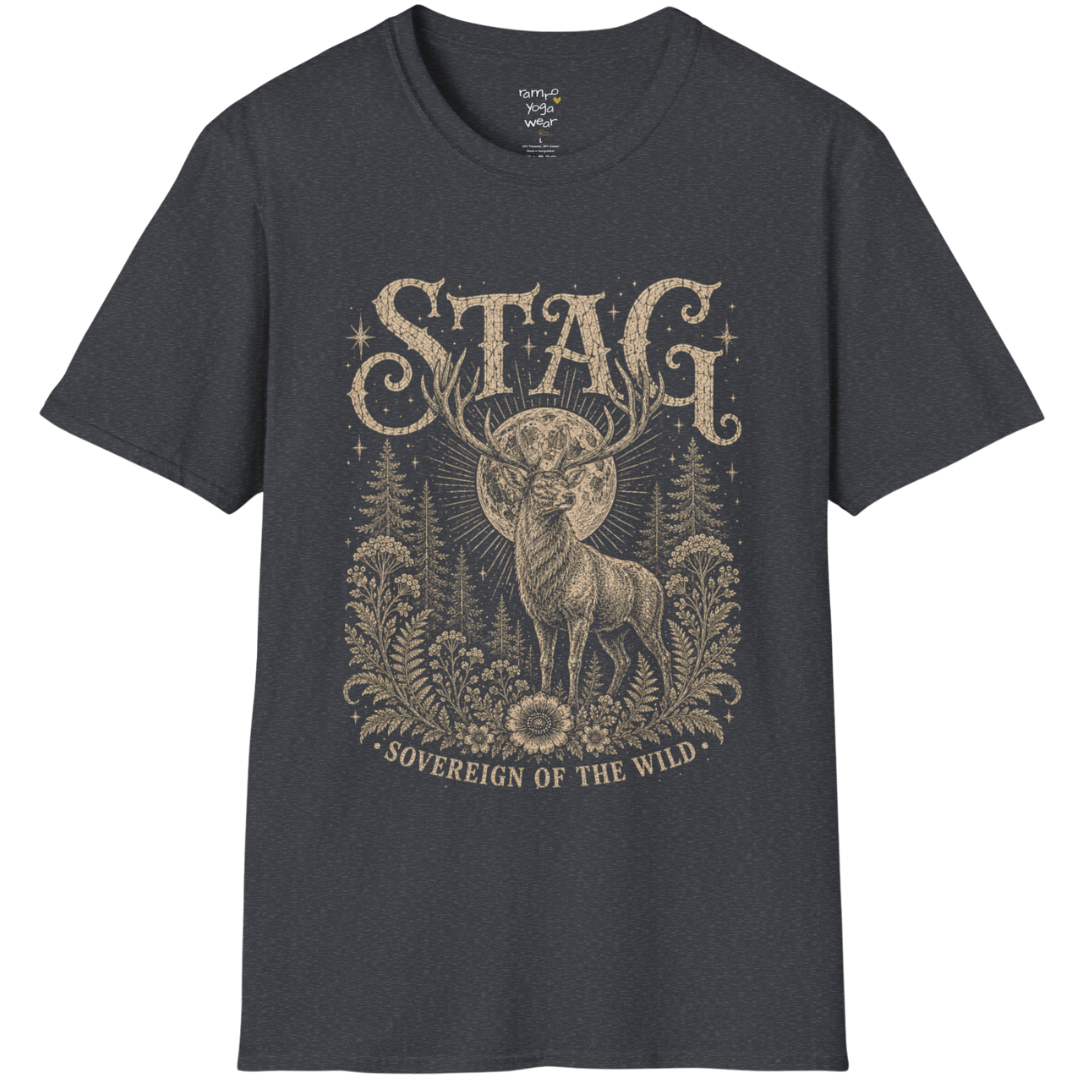 Ramro Yoga Wear Stag tee in Dark Heather Grey — sovereign stag moon forest vintage engraving, flat lay product shot