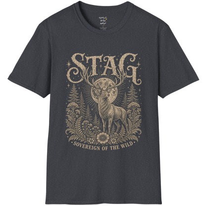 Ramro Yoga Wear Stag tee in Dark Heather Grey — sovereign stag moon forest vintage engraving, flat lay product shot