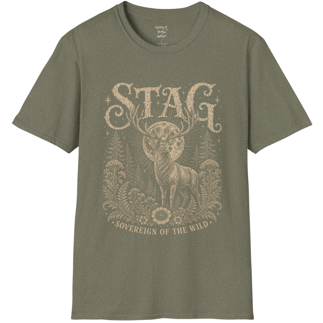 Ramro Yoga Wear Stag tee in Heather Military Green — sovereign stag moon forest vintage engraving, flat lay product shot