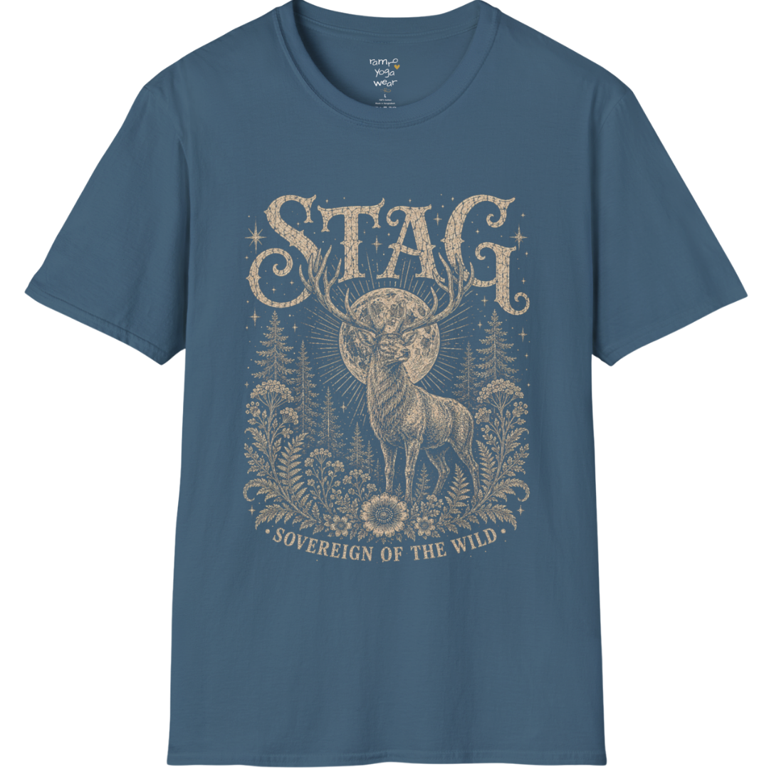 Ramro Yoga Wear Stag tee in Indigo Blue — sovereign stag moon forest vintage engraving, flat lay product shot