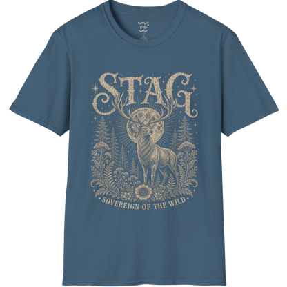Ramro Yoga Wear Stag tee in Indigo Blue — sovereign stag moon forest vintage engraving, flat lay product shot