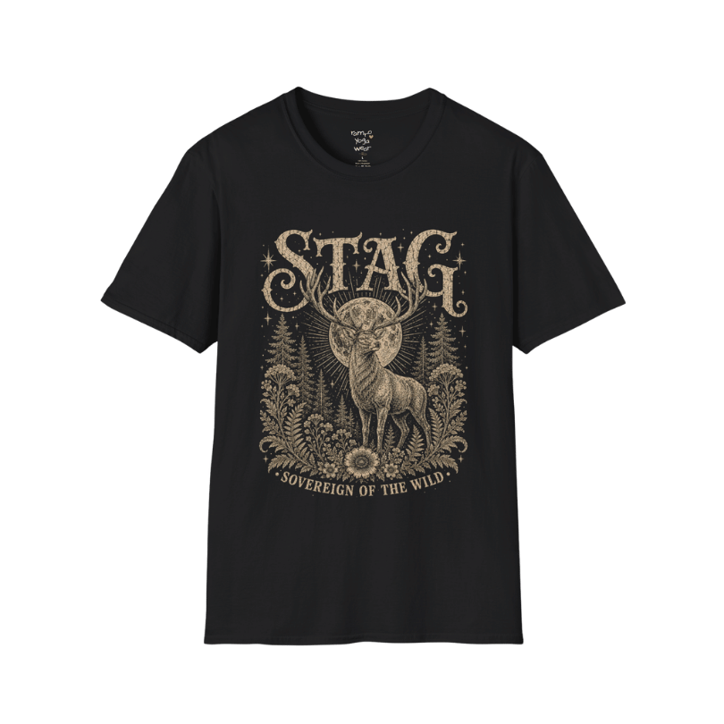 Ramro Yoga Wear Stag tee in Black — sovereign stag moon forest vintage engraving, flat lay product shot