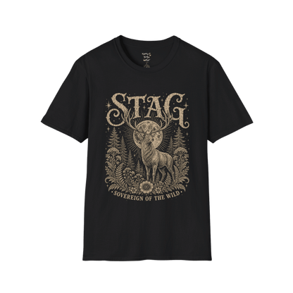 Ramro Yoga Wear Stag tee in Black — sovereign stag moon forest vintage engraving, flat lay product shot