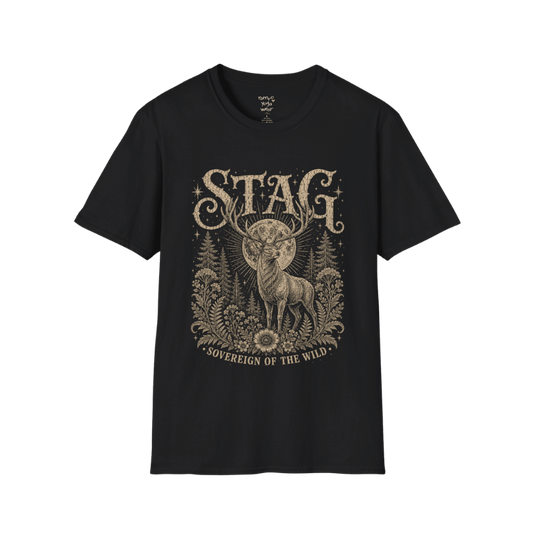 Ramro Yoga Wear Stag tee in Black — sovereign stag moon forest vintage engraving, flat lay product shot