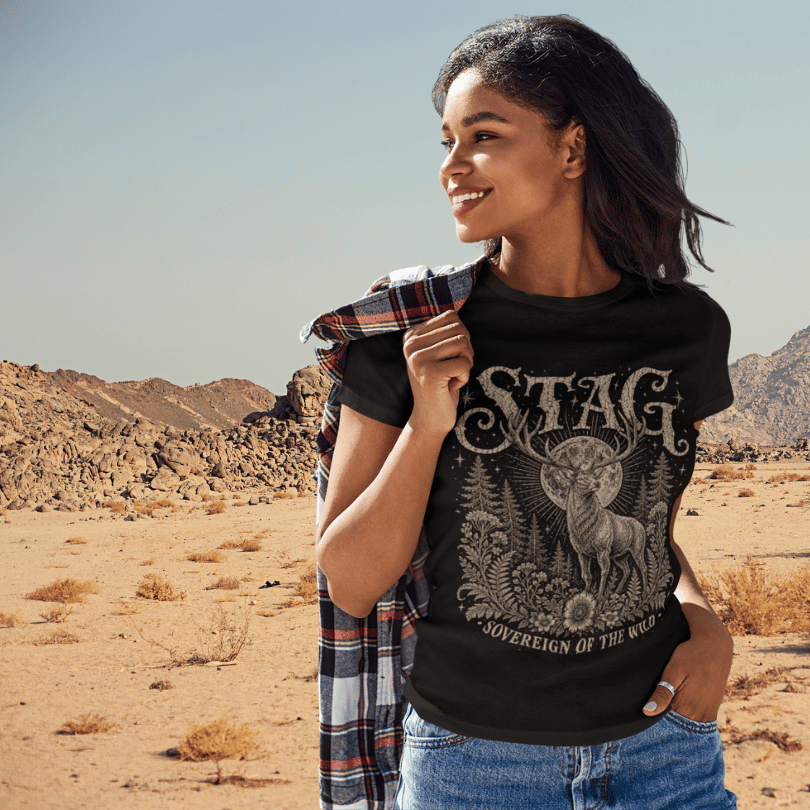Ramro Yoga Wear Stag tee in Black — sovereign stag moon forest vintage design, desert mountain lifestyle shot