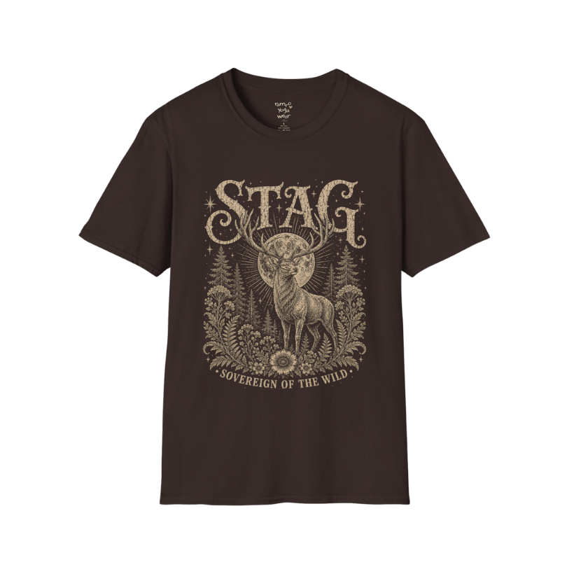 Ramro Yoga Wear Stag tee in Dark Chocolate — sovereign stag moon forest vintage engraving, flat lay product shot