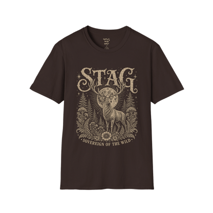 Ramro Yoga Wear Stag tee in Dark Chocolate — sovereign stag moon forest vintage engraving, flat lay product shot