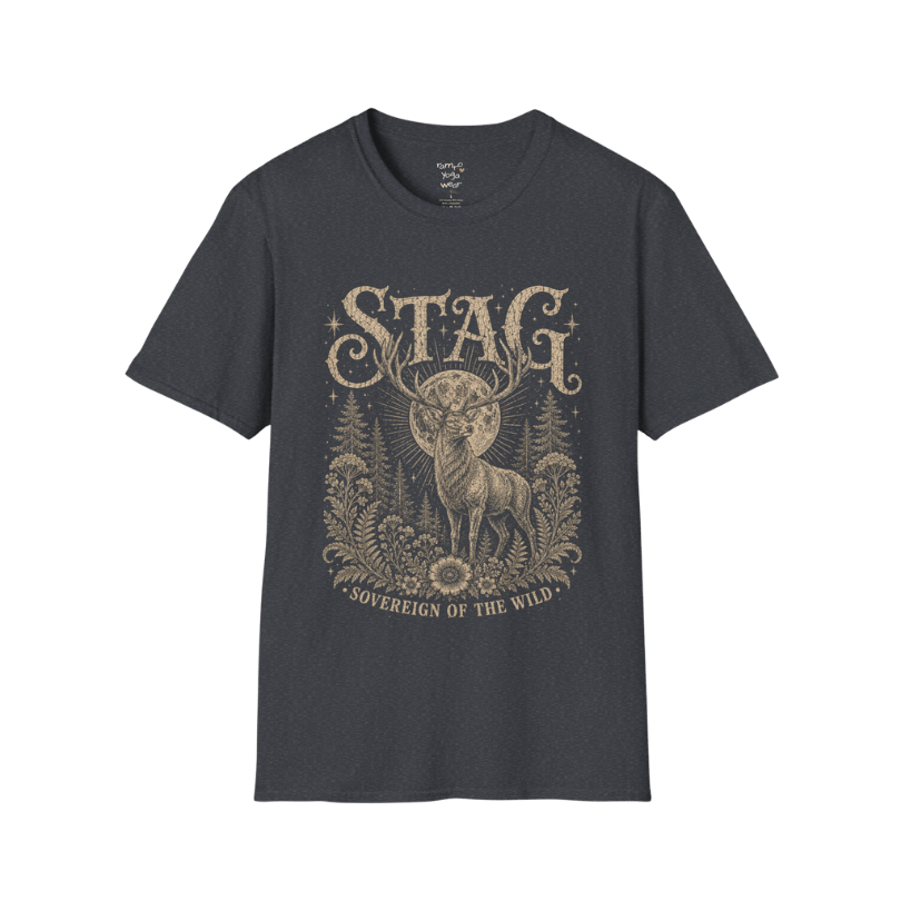 Ramro Yoga Wear Stag tee in Dark Heather Grey — sovereign stag moon forest vintage engraving, flat lay product shot