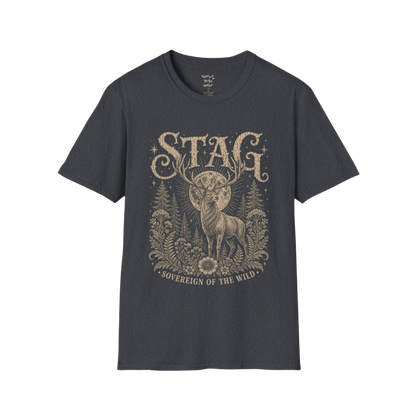 Ramro Yoga Wear Stag tee in Dark Heather Grey — sovereign stag moon forest vintage engraving, flat lay product shot