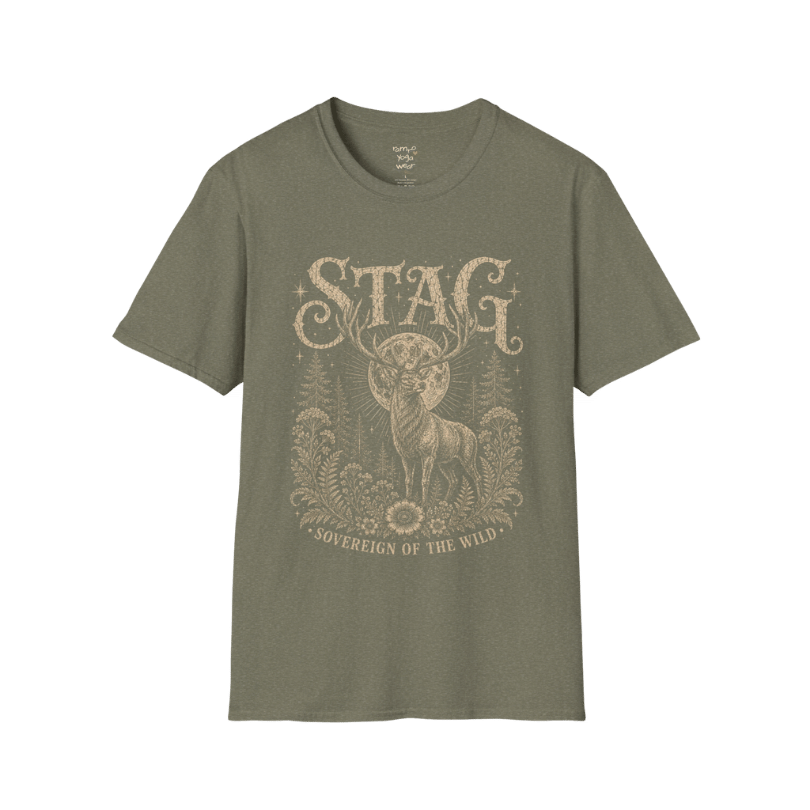 Ramro Yoga Wear Stag tee in Heather Military Green — sovereign stag moon forest vintage engraving, flat lay product shot