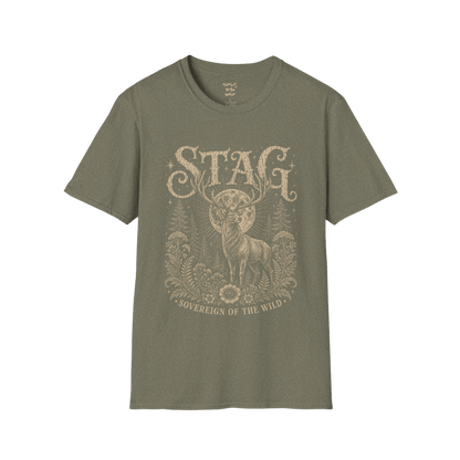 Ramro Yoga Wear Stag tee in Heather Military Green — sovereign stag moon forest vintage engraving, flat lay product shot