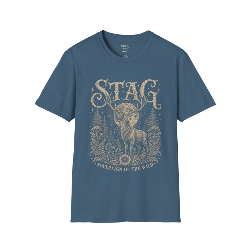Ramro Yoga Wear Stag tee in Indigo Blue — sovereign stag moon forest vintage engraving, flat lay product shot