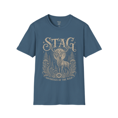 Ramro Yoga Wear Stag tee in Indigo Blue — sovereign stag moon forest vintage engraving, flat lay product shot