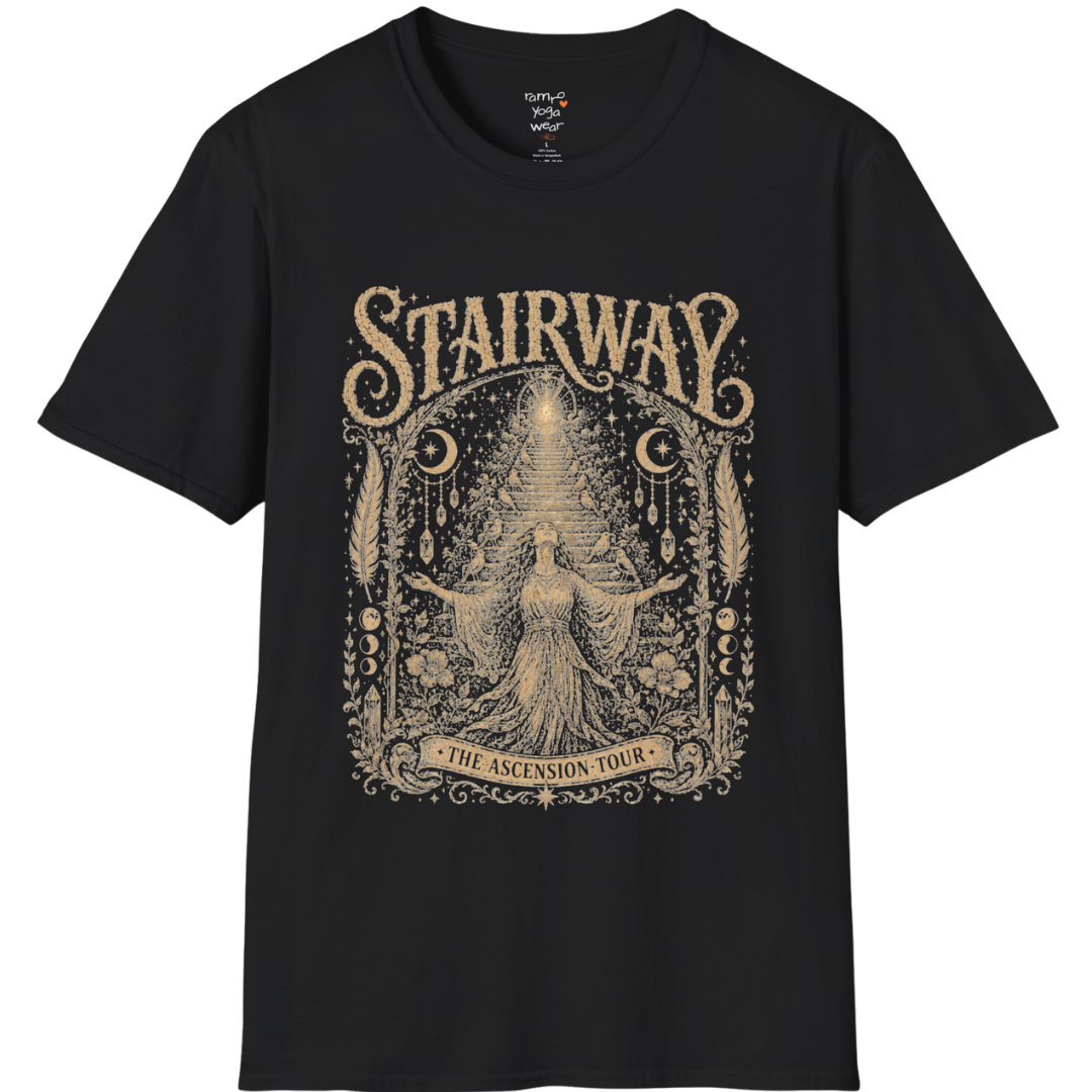 Woman ascending sacred staircase with songbirds crescent moons and crystal pendants in vintage engraving border design — Sacred Thread collection by Ramro Yoga Wear — Black