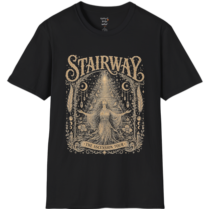 Woman ascending sacred staircase with songbirds crescent moons and crystal pendants in vintage engraving border design — Sacred Thread collection by Ramro Yoga Wear — Black