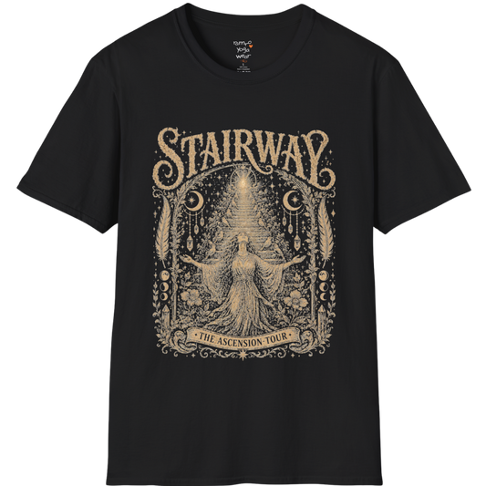 Woman ascending sacred staircase with songbirds crescent moons and crystal pendants in vintage engraving border design — Sacred Thread collection by Ramro Yoga Wear — Black
