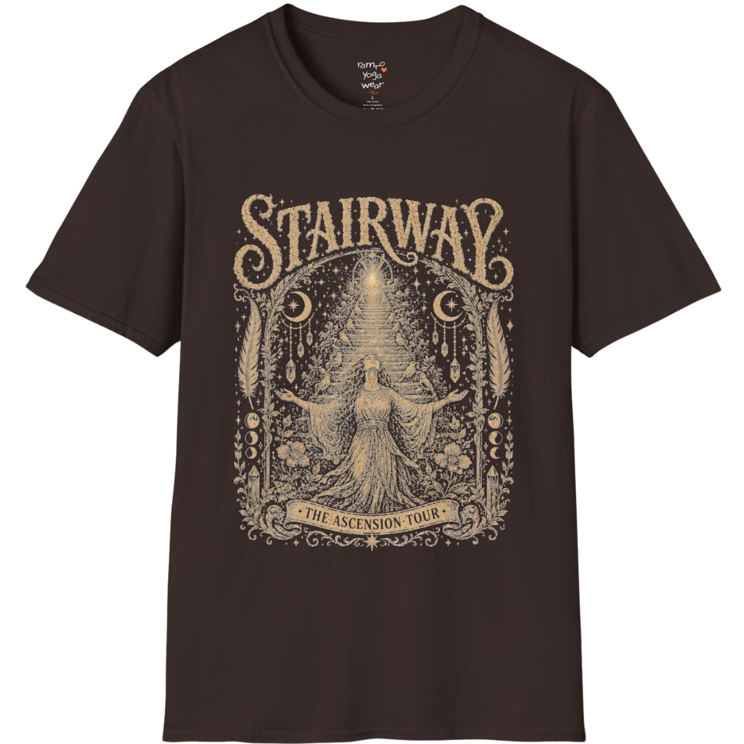 Woman ascending sacred staircase with songbirds crescent moons and crystal pendants in vintage engraving border design — Sacred Thread collection by Ramro Yoga Wear — Dark Chocolate