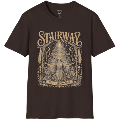 Woman ascending sacred staircase with songbirds crescent moons and crystal pendants in vintage engraving border design — Sacred Thread collection by Ramro Yoga Wear — Dark Chocolate