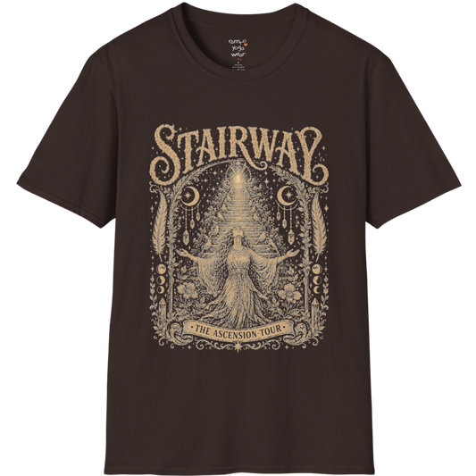 Woman ascending sacred staircase with songbirds crescent moons and crystal pendants in vintage engraving border design — Sacred Thread collection by Ramro Yoga Wear — Dark Chocolate