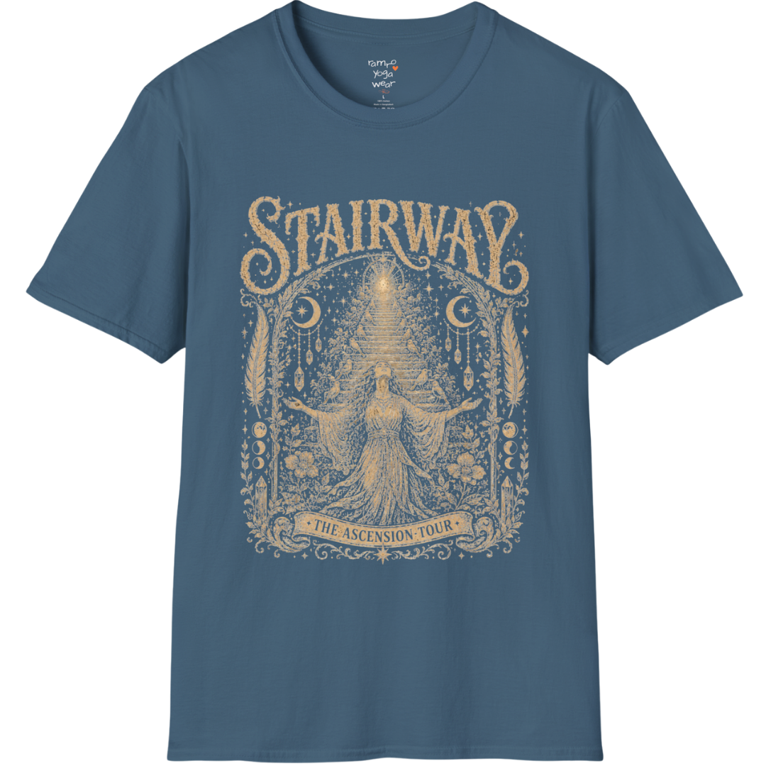 Woman ascending sacred staircase with songbirds crescent moons and crystal pendants in vintage engraving border design — Sacred Thread collection by Ramro Yoga Wear — Indigo Blue