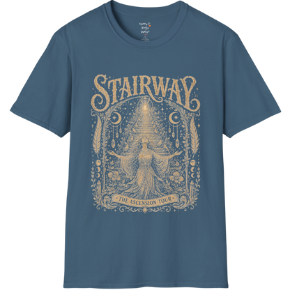 Woman ascending sacred staircase with songbirds crescent moons and crystal pendants in vintage engraving border design — Sacred Thread collection by Ramro Yoga Wear — Indigo Blue