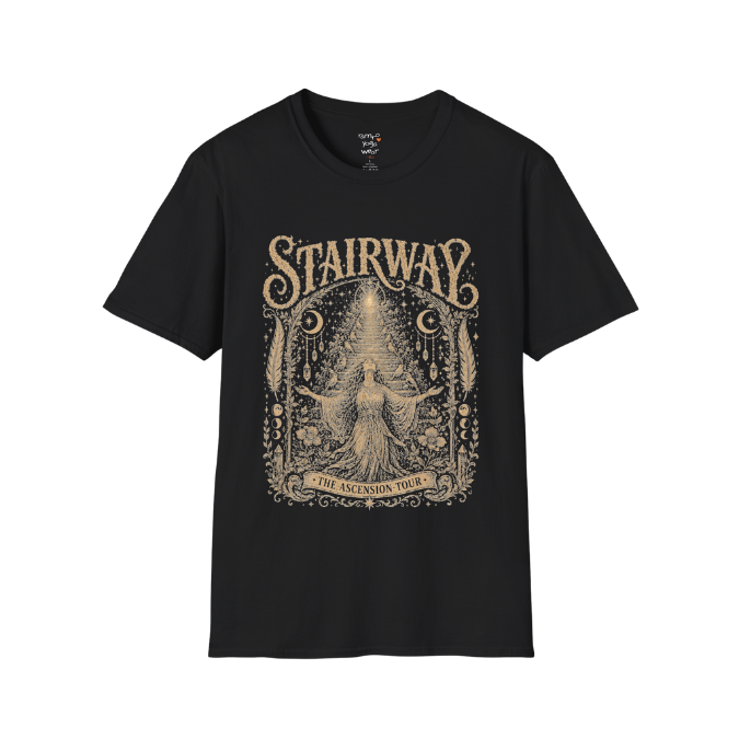 Woman ascending sacred staircase with songbirds crescent moons and crystal pendants in vintage engraving border design — Sacred Thread collection by Ramro Yoga Wear — Black