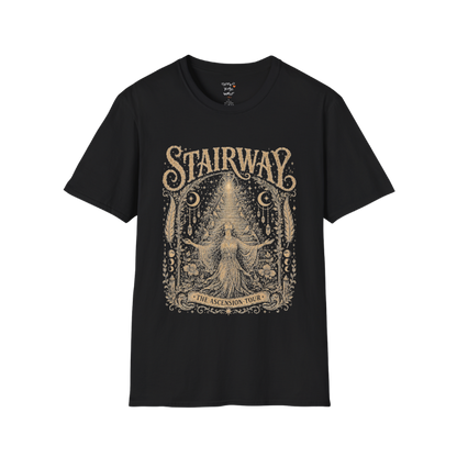 Woman ascending sacred staircase with songbirds crescent moons and crystal pendants in vintage engraving border design — Sacred Thread collection by Ramro Yoga Wear — Black