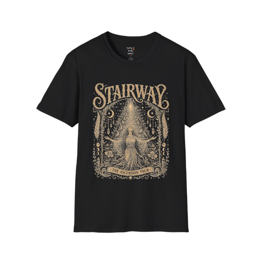Woman ascending sacred staircase with songbirds crescent moons and crystal pendants in vintage engraving border design — Sacred Thread collection by Ramro Yoga Wear — Black