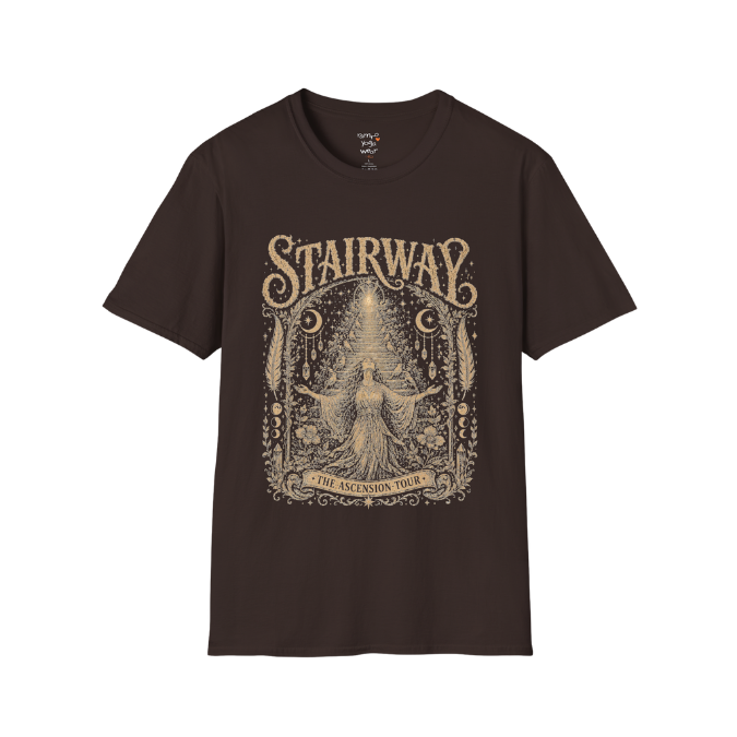 Woman ascending sacred staircase with songbirds crescent moons and crystal pendants in vintage engraving border design — Sacred Thread collection by Ramro Yoga Wear — Dark Chocolate