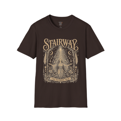 Woman ascending sacred staircase with songbirds crescent moons and crystal pendants in vintage engraving border design — Sacred Thread collection by Ramro Yoga Wear — Dark Chocolate