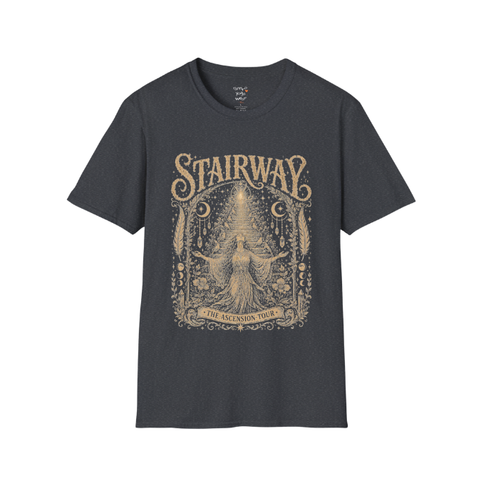 Woman ascending sacred staircase with songbirds crescent moons and crystal pendants in vintage engraving border design — Sacred Thread collection by Ramro Yoga Wear — Dark Heather Grey