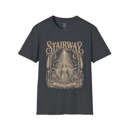 Woman ascending sacred staircase with songbirds crescent moons and crystal pendants in vintage engraving border design — Sacred Thread collection by Ramro Yoga Wear — Dark Heather Grey