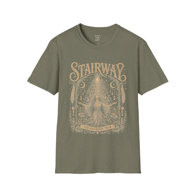 Woman ascending sacred staircase with songbirds crescent moons and crystal pendants in vintage engraving border design — Sacred Thread collection by Ramro Yoga Wear — Heather Military Green