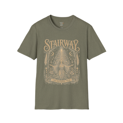 Woman ascending sacred staircase with songbirds crescent moons and crystal pendants in vintage engraving border design — Sacred Thread collection by Ramro Yoga Wear — Heather Military Green