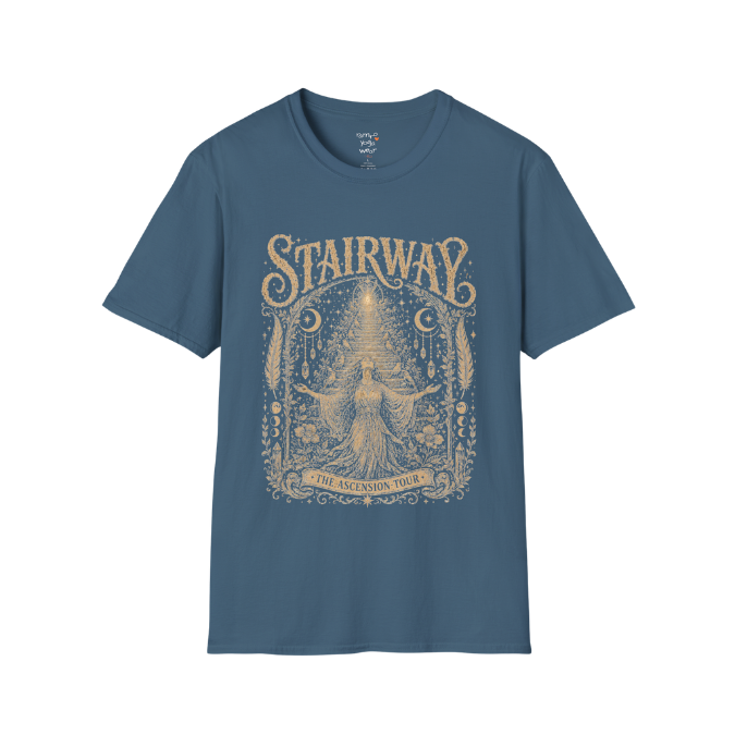 Woman ascending sacred staircase with songbirds crescent moons and crystal pendants in vintage engraving border design — Sacred Thread collection by Ramro Yoga Wear — Indigo Blue