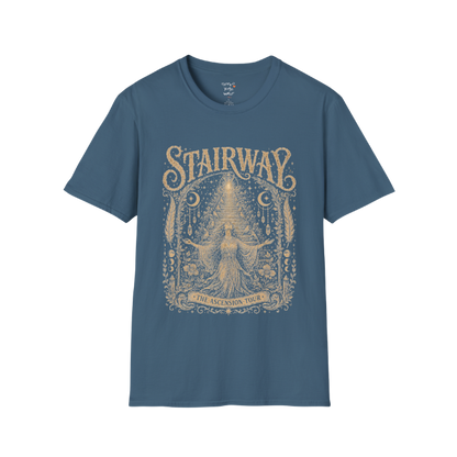 Woman ascending sacred staircase with songbirds crescent moons and crystal pendants in vintage engraving border design — Sacred Thread collection by Ramro Yoga Wear — Indigo Blue