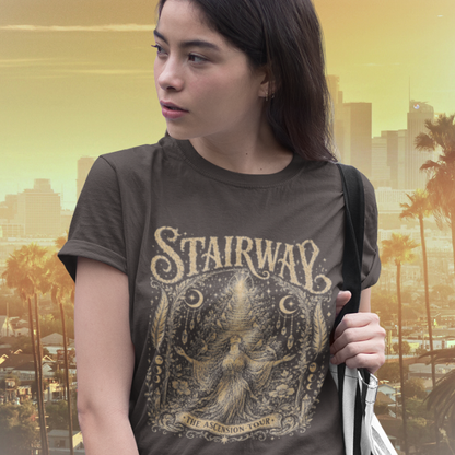 Woman wearing Stairway Dark Chocolate sacred yoga shirt in Los Angeles with palm trees and city skyline at golden hour — Sacred Thread collection by Ramro Yoga Wear