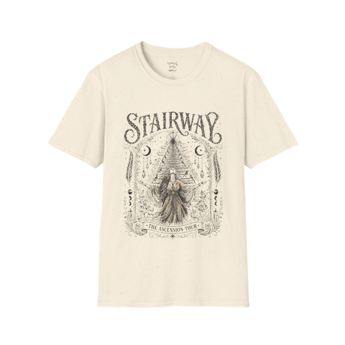 Woman ascending sacred staircase with songbirds crescent moons and crystal pendants in vintage engraving border design — Sacred Thread collection by Ramro Yoga Wear — Natural