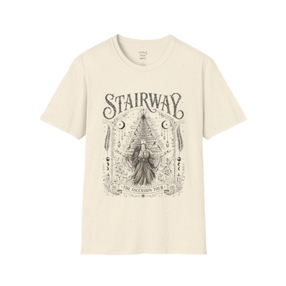 Woman ascending sacred staircase with songbirds crescent moons and crystal pendants in vintage engraving border design — Sacred Thread collection by Ramro Yoga Wear — Natural