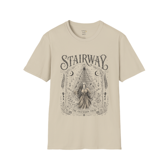 Woman ascending sacred staircase with songbirds crescent moons and crystal pendants in vintage engraving border design — Sacred Thread collection by Ramro Yoga Wear — Sand