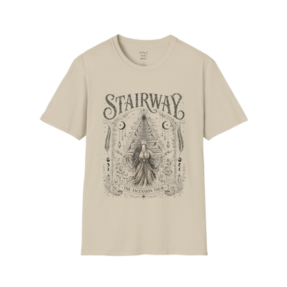 Woman ascending sacred staircase with songbirds crescent moons and crystal pendants in vintage engraving border design — Sacred Thread collection by Ramro Yoga Wear — Sand