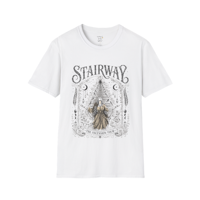 Woman ascending sacred staircase with songbirds crescent moons and crystal pendants in vintage engraving border design — Sacred Thread collection by Ramro Yoga Wear — White