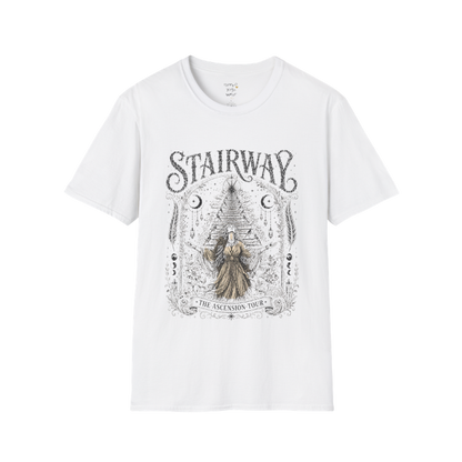 Woman ascending sacred staircase with songbirds crescent moons and crystal pendants in vintage engraving border design — Sacred Thread collection by Ramro Yoga Wear — White