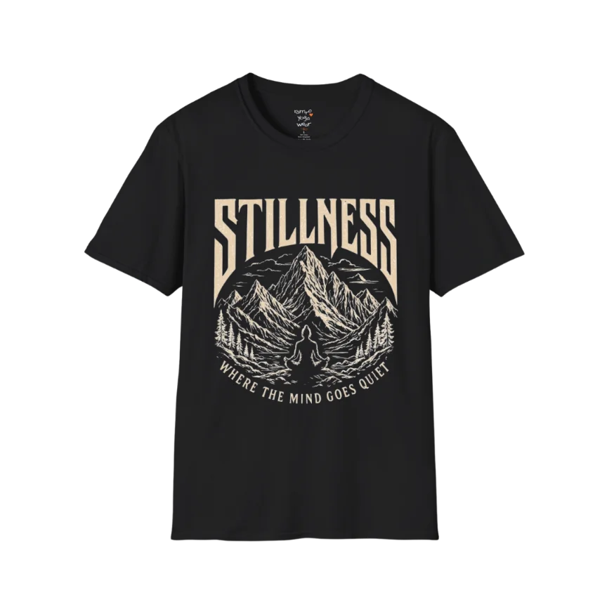 Stillness T-Shirt in Black with mystical yoga-inspired graphic and relaxed mindful streetwear styling.