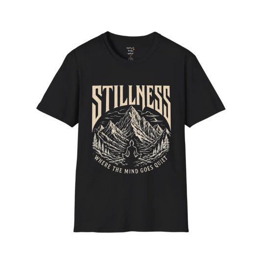 Stillness T-Shirt in Black with mystical yoga-inspired graphic and relaxed mindful streetwear styling.