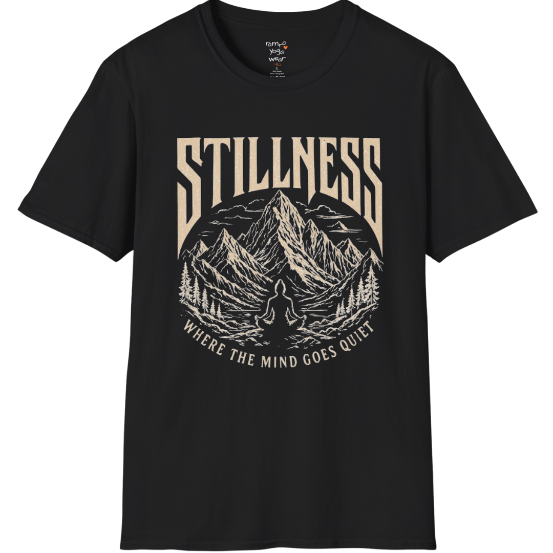 Stillness T-Shirt in Black with mystical yoga-inspired graphic and relaxed mindful streetwear styling.