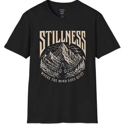 Stillness T-Shirt in Black with mystical yoga-inspired graphic and relaxed mindful streetwear styling.