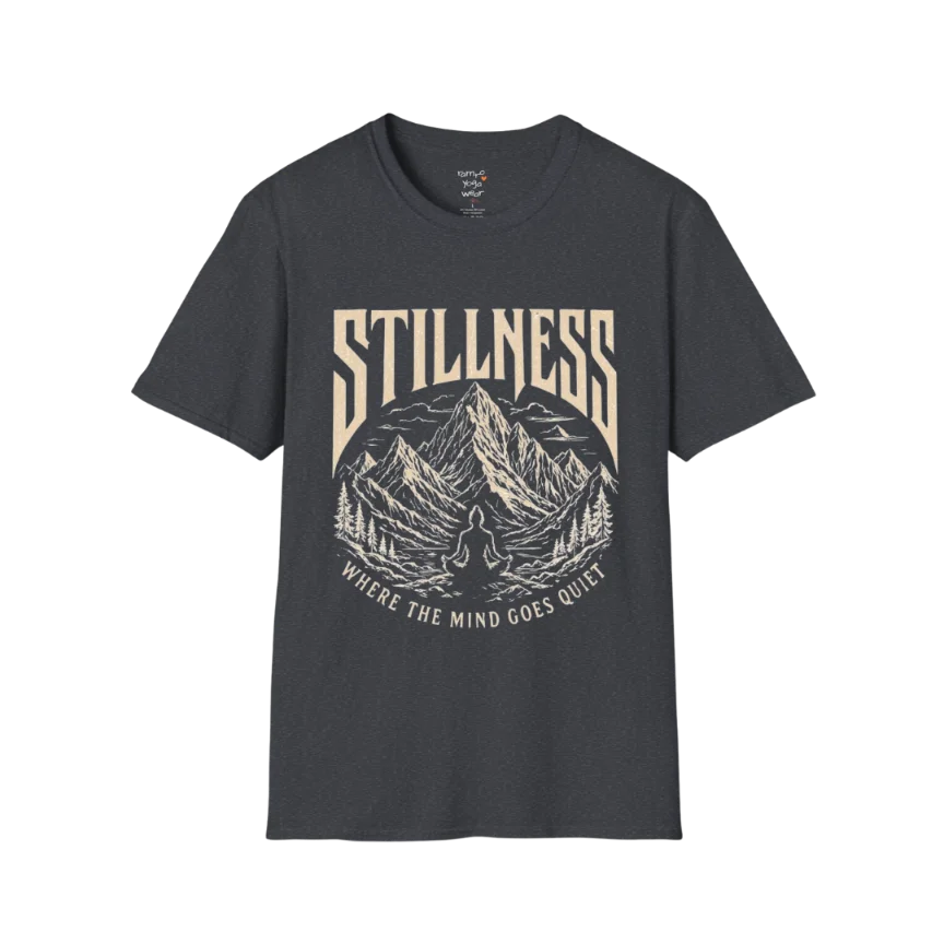 Stillness T-Shirt in Dark Heather Grey featuring vintage-style yoga artwork and relaxed soulful energy.