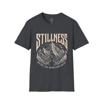 Stillness T-Shirt in Dark Heather Grey featuring vintage-style yoga artwork and relaxed soulful energy.